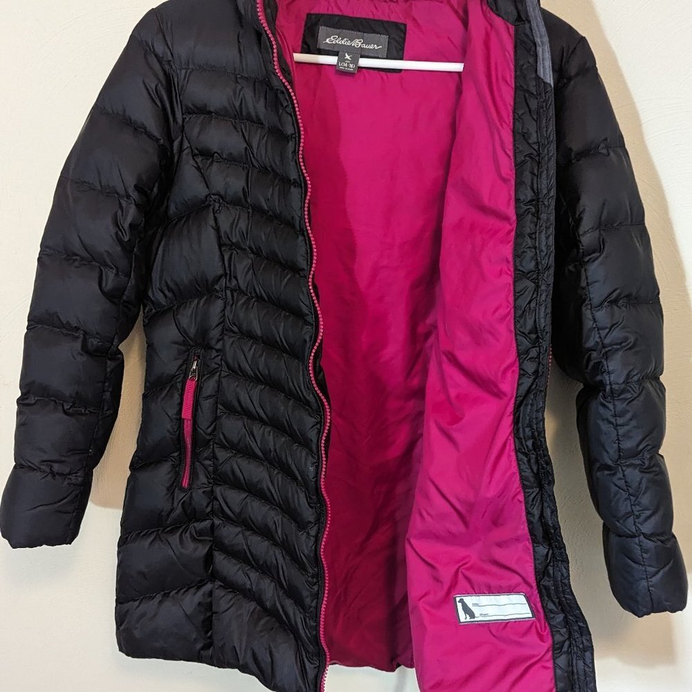 Eddie Bauer Down Long Tunic Length Puffer Parka Coat Black Fushcia Girls L 14-16 - Picture 9 of 16